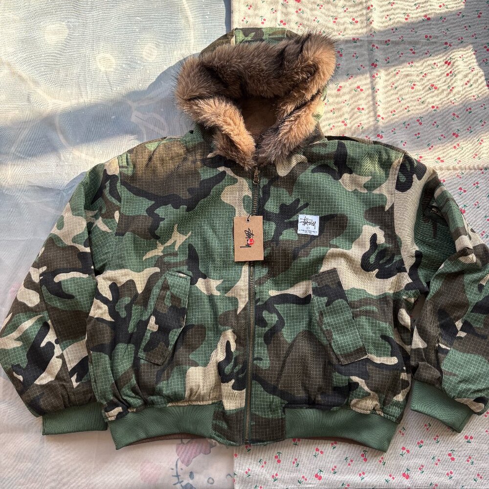 Stussy Camouflage Fur Trimmed Hooded Jacket
